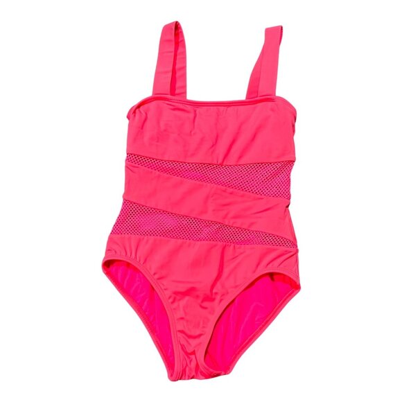 Dkny Mesh Accent Square Neck One Piece Swimsuit In Bright Pink Size 6 See Thru - Picture 1 of 4